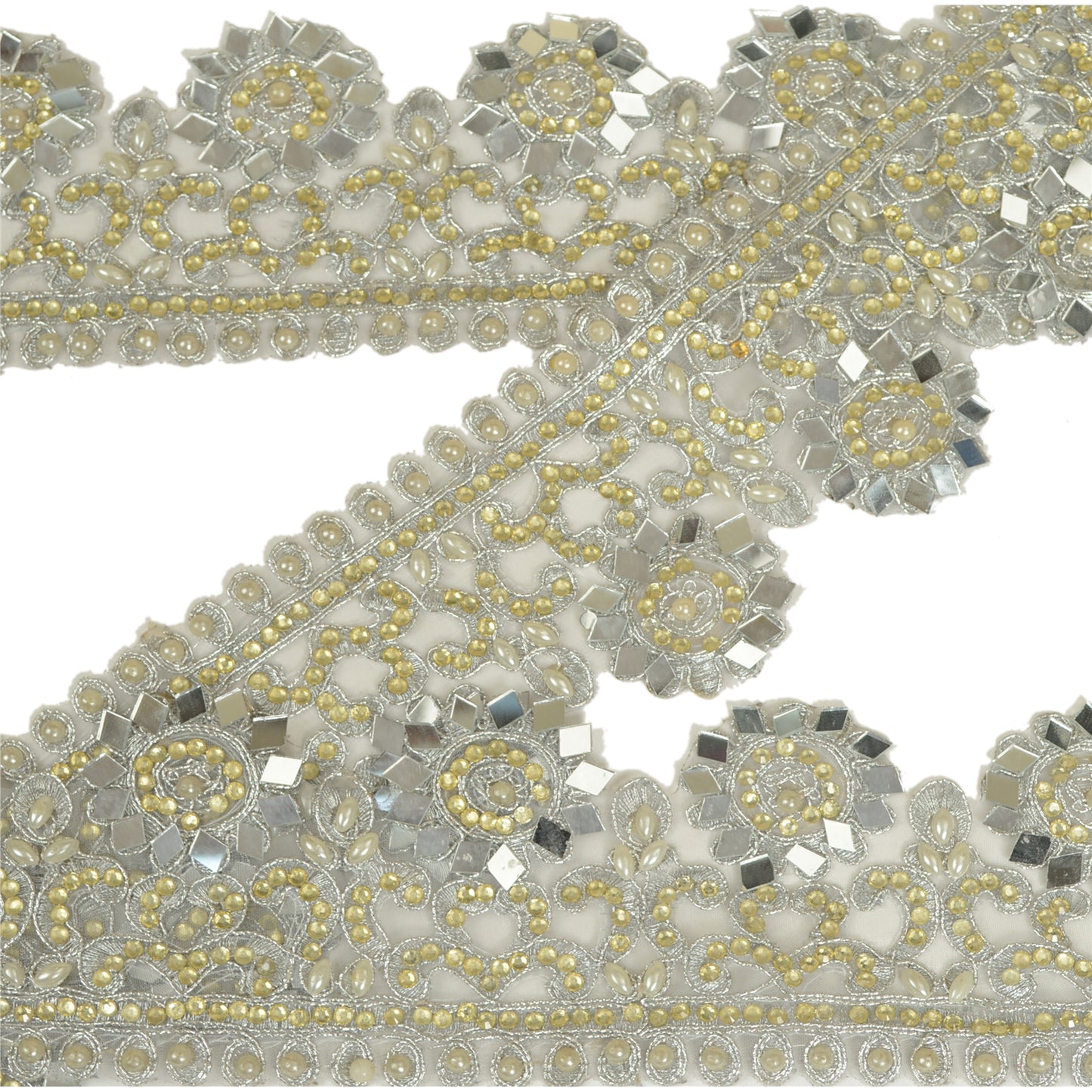 Sanskriti Hand Beaded Bridal Dress Border 1YD Trim Ribbon Craft Lace Silver