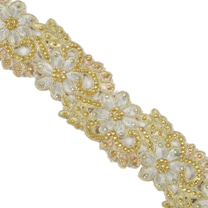 Sanskriti Hand Beaded Dress Bridal Border 1 YD Trim Ribbon Silver Craft Lace