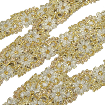 Sanskriti Hand Beaded Dress Bridal Border 1 YD Trim Ribbon Silver Craft Lace