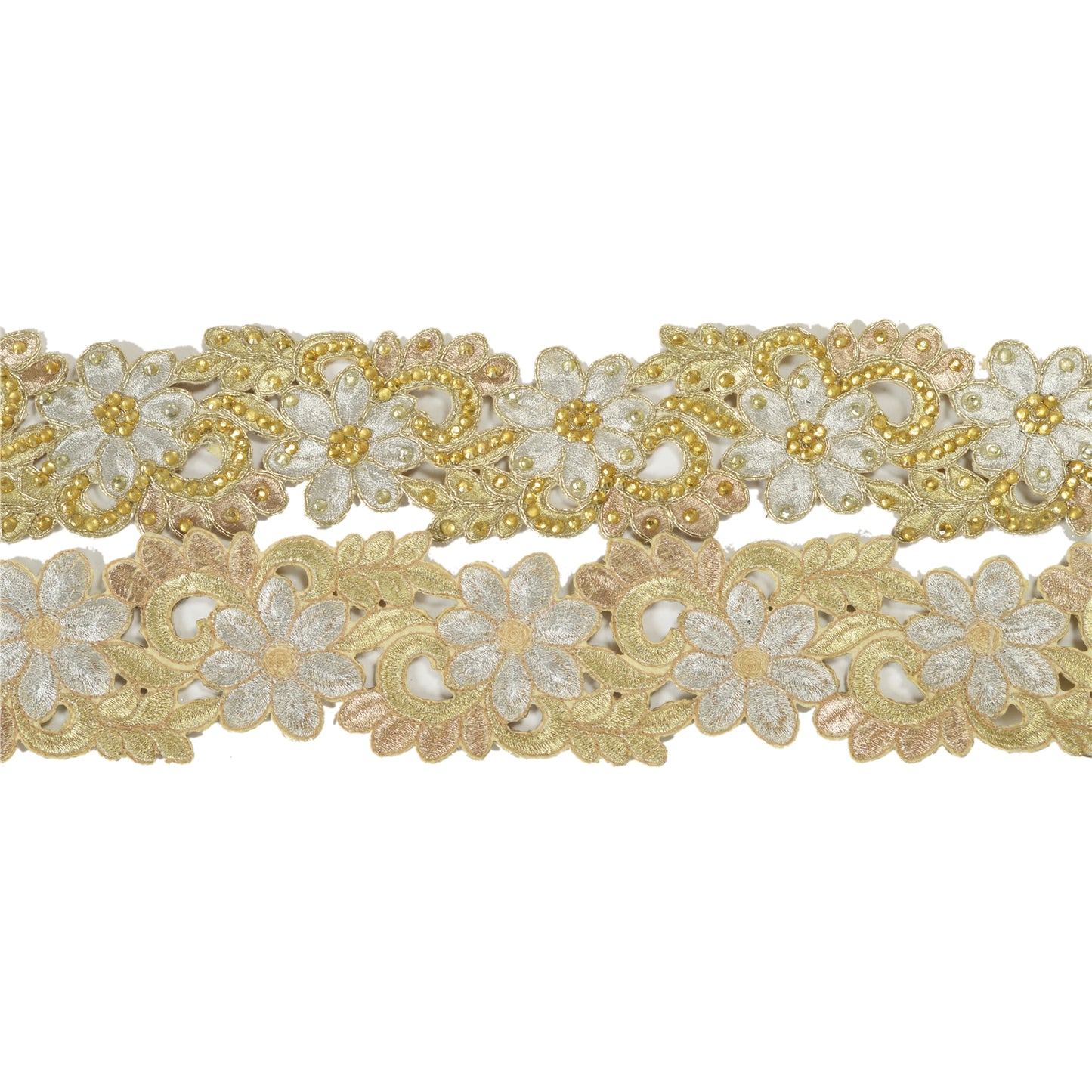 Sanskriti Hand Beaded Dress Bridal Border 1 YD Trim Ribbon Silver Craft Lace