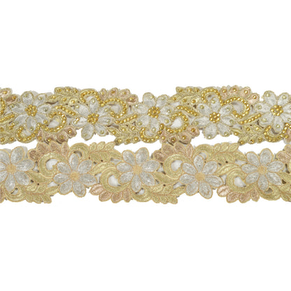 Sanskriti Hand Beaded Dress Bridal Border 1 YD Trim Ribbon Silver Craft Lace