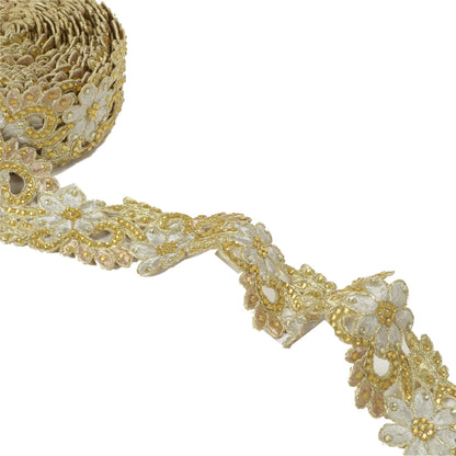 Sanskriti Hand Beaded Dress Bridal Border 1 YD Trim Ribbon Silver Craft Lace