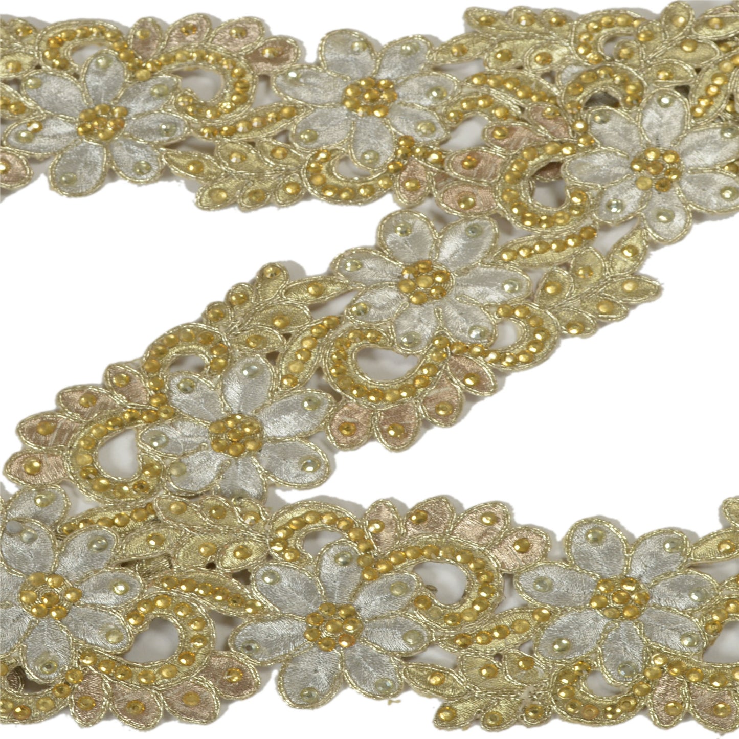 Sanskriti Hand Beaded Dress Bridal Border 1 YD Trim Ribbon Silver Craft Lace