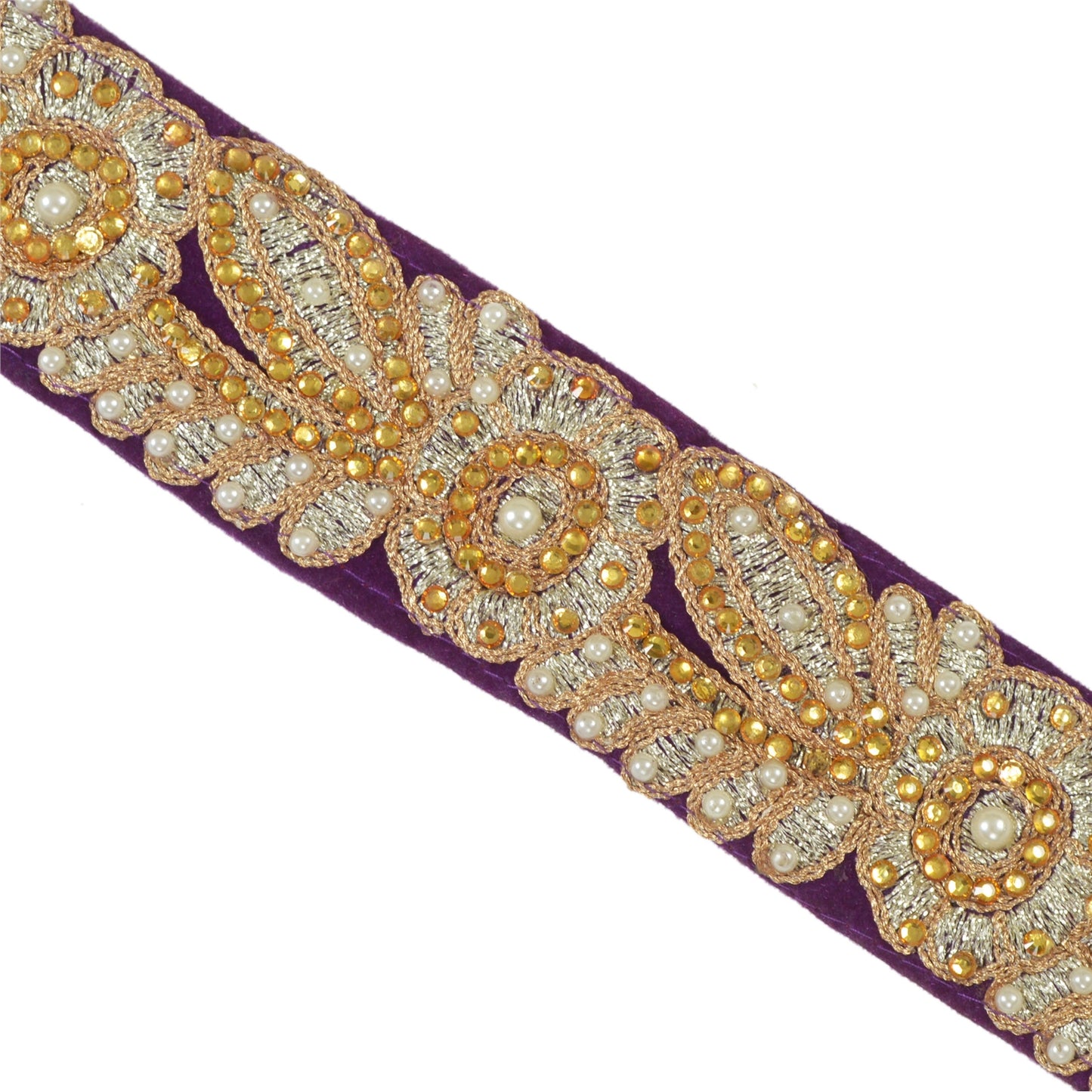 Sanskriti Hand Beaded Dress Bridal Border 1 YD Trim Purple Craft Zircon Lace