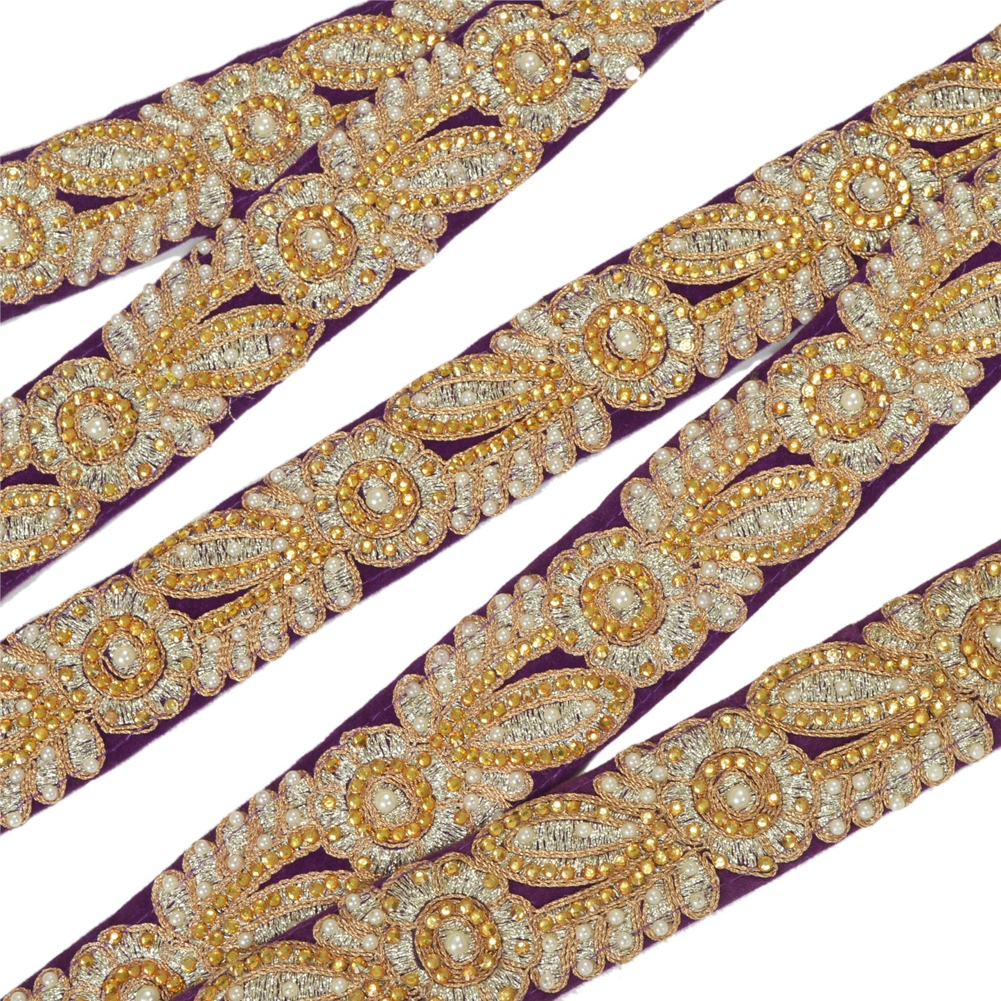 Sanskriti Hand Beaded Dress Bridal Border 1 YD Trim Purple Craft Zircon Lace