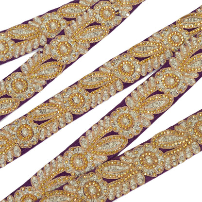 Sanskriti Hand Beaded Dress Bridal Border 1 YD Trim Purple Craft Zircon Lace