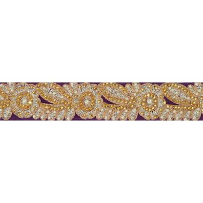 Sanskriti Hand Beaded Dress Bridal Border 1 YD Trim Purple Craft Zircon Lace