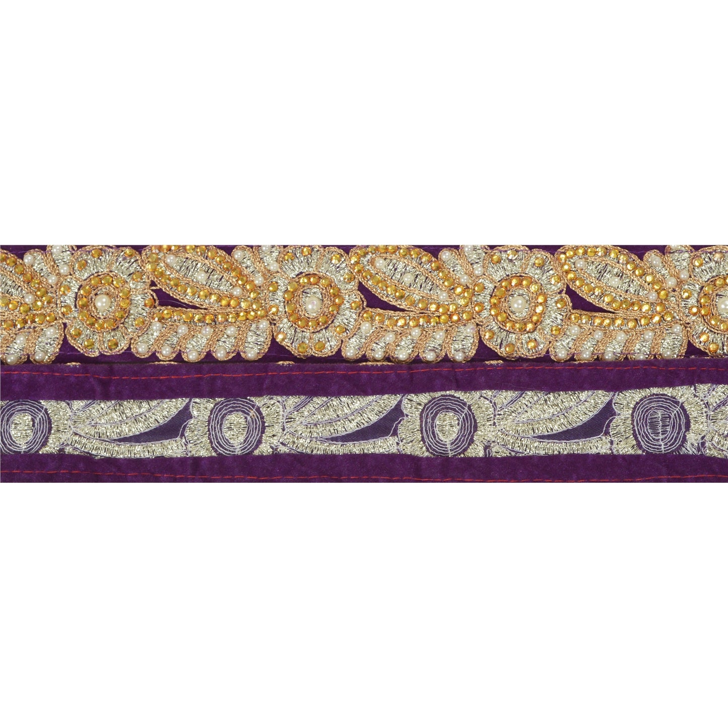 Sanskriti Hand Beaded Dress Bridal Border 1 YD Trim Purple Craft Zircon Lace