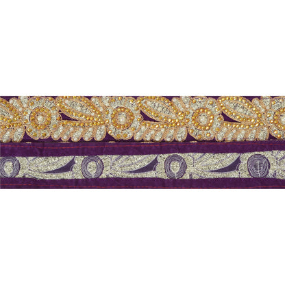 Sanskriti Hand Beaded Dress Bridal Border 1 YD Trim Purple Craft Zircon Lace