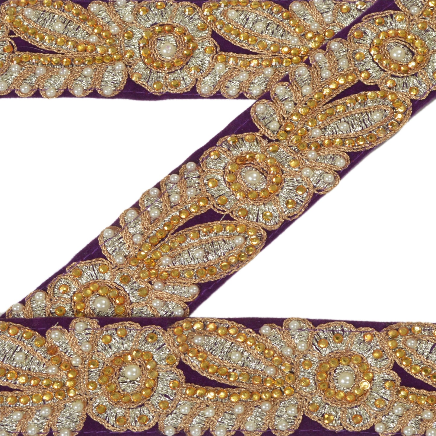 Sanskriti Hand Beaded Dress Bridal Border 1 YD Trim Purple Craft Zircon Lace