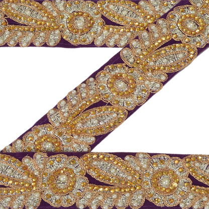 Sanskriti Hand Beaded Dress Bridal Border 1 YD Trim Purple Craft Zircon Lace