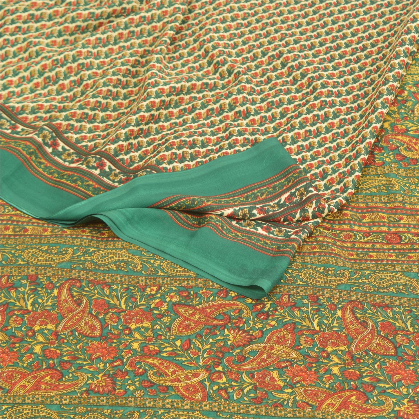 Sanskriti Vintage Green Indian Sarees Moss Crepe Blouse Piecd Print Sari Fabric
