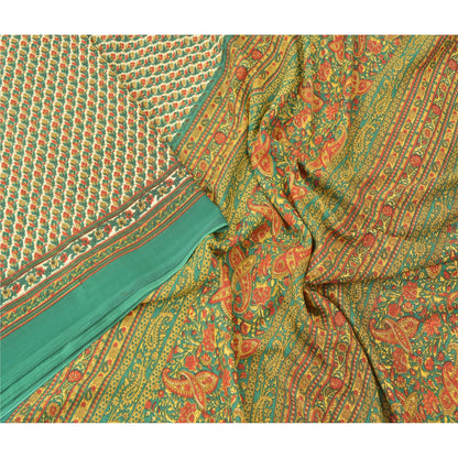 Sanskriti Vintage Green Indian Sarees Moss Crepe Blouse Piecd Print Sari Fabric