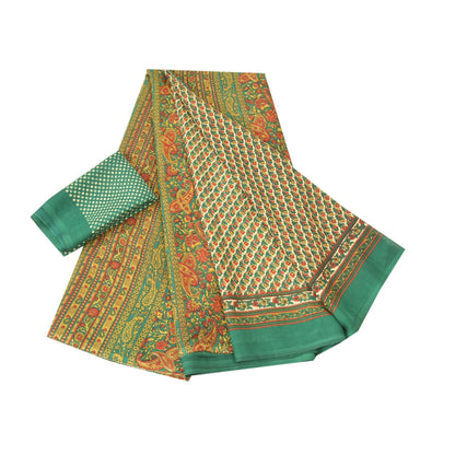 Sanskriti Vintage Green Indian Sarees Moss Crepe Blouse Piecd Print Sari Fabric