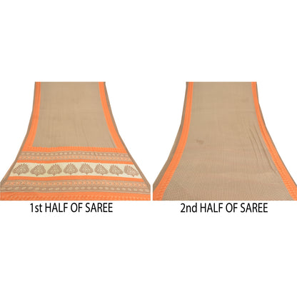 Sanskriti Vintage Gray Indian Sarees Moss Crepe Printed Sari 5YD Craft Fabric