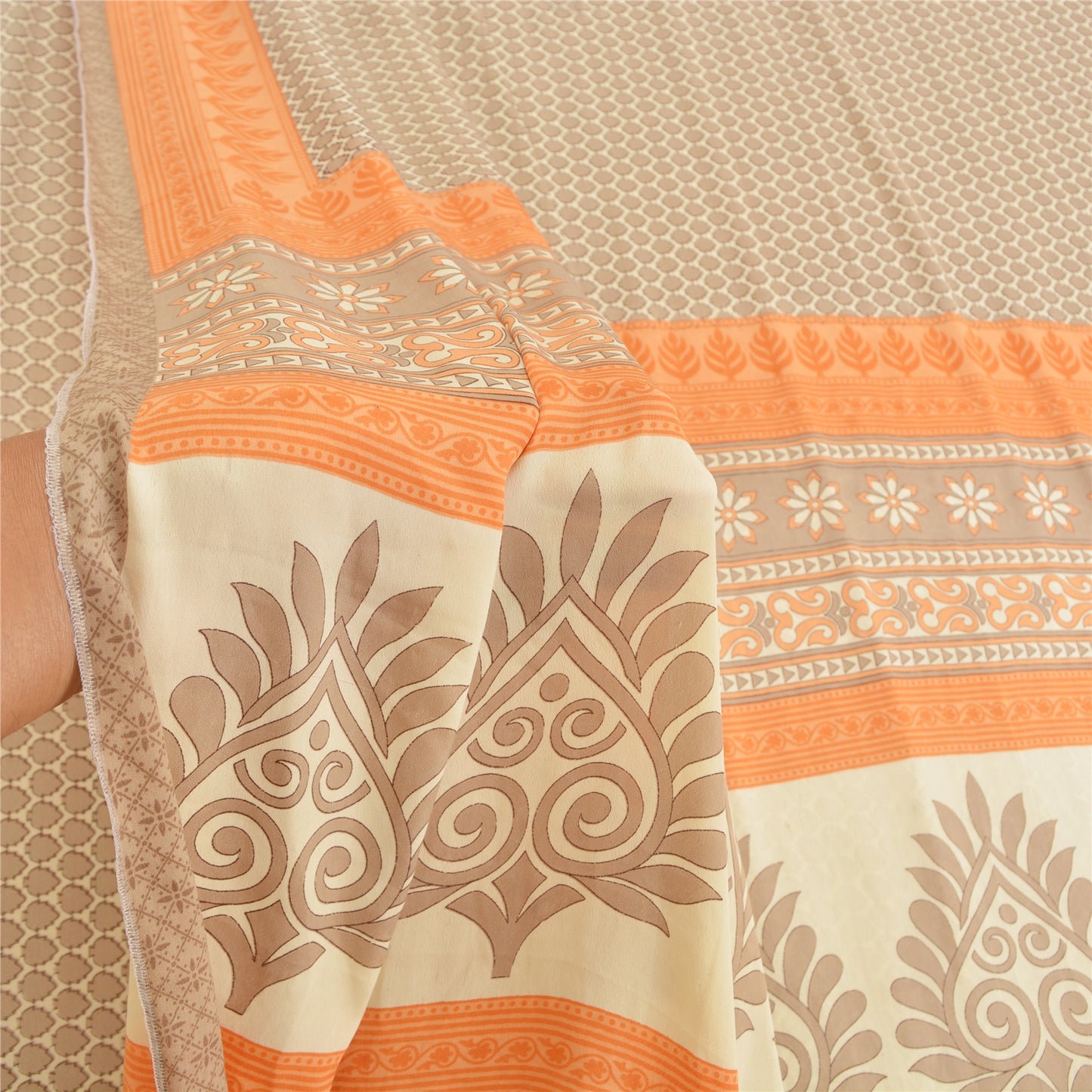 Sanskriti Vintage Gray Indian Sarees Moss Crepe Printed Sari 5YD Craft Fabric