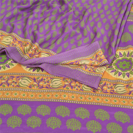Sanskriti Vintage Purple Sarees Moss Crepe Printed Sari 5YD Decor Craft Fabric