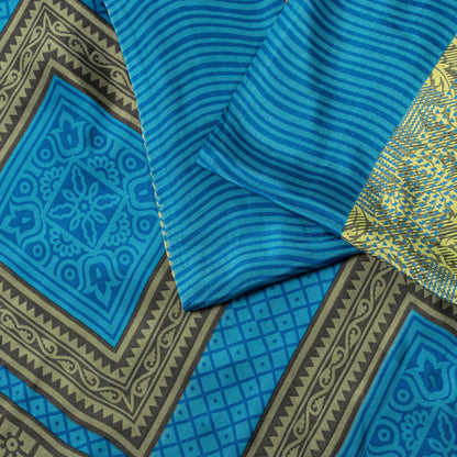 Sanskriti Vintage Cream Saree Moss Crepe Abstract Geometric Print Sari 5.5Yard