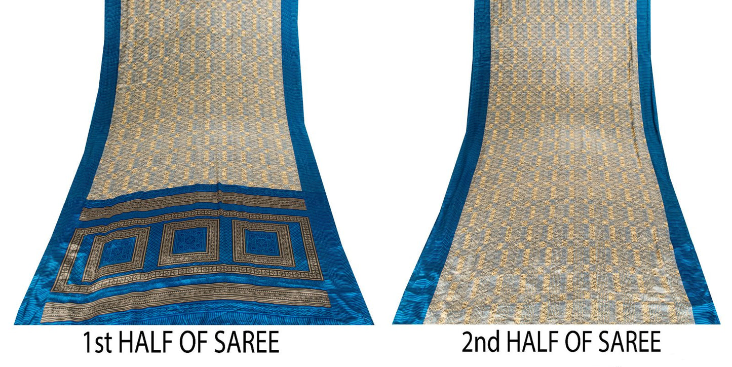 Sanskriti Vintage Cream Saree Moss Crepe Abstract Geometric Print Sari 5.5Yard