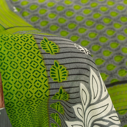 Sanskriti Vintage Gray & Green Sarees Moss Crepe Printed Sari 5YD Decor Fabric
