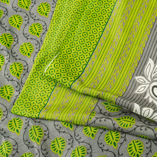 Sanskriti Vintage Gray & Green Sarees Moss Crepe Printed Sari 5YD Decor Fabric