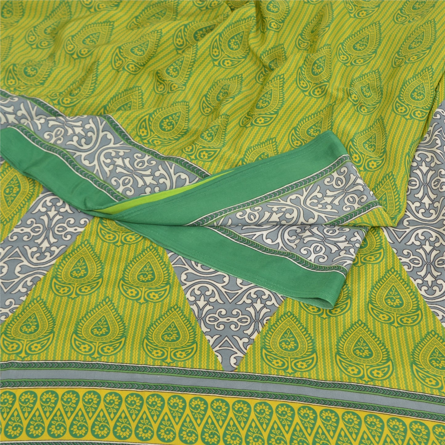 Sanskriti Vintage Sarees Indian Green Printed Moss Crepe Sari Soft Craft  Fabric