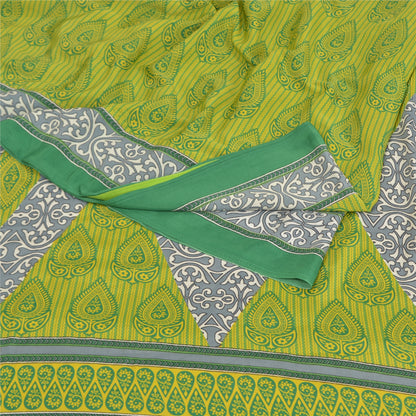 Sanskriti Vintage Sarees Indian Green Printed Moss Crepe Sari Soft Craft  Fabric