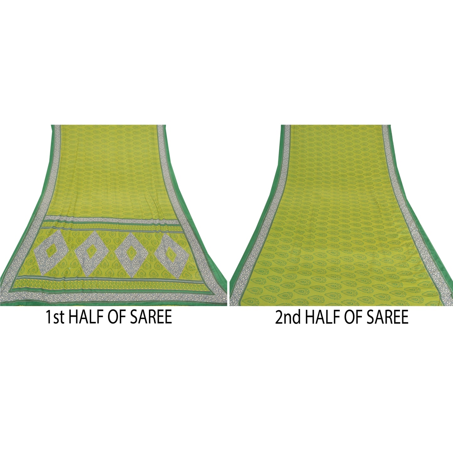 Sanskriti Vintage Sarees Indian Green Printed Moss Crepe Sari Soft Craft  Fabric