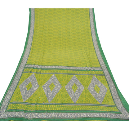 Sanskriti Vintage Sarees Indian Green Printed Moss Crepe Sari Soft Craft  Fabric