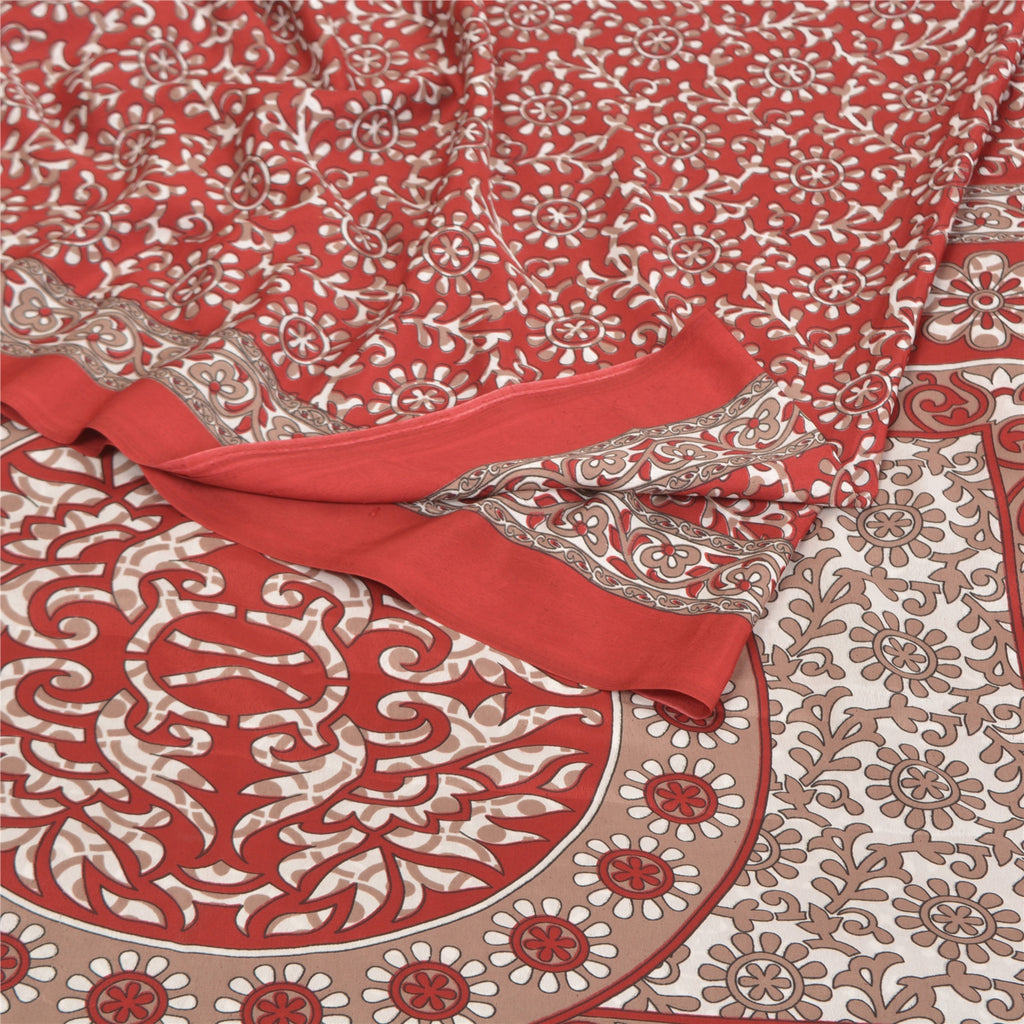 Sanskriti Vintage Sarees Indian Red Printed Moss Crepe Sari Floral Craft  Fabric
