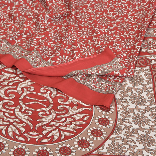Sanskriti Vintage Sarees Indian Red Printed Moss Crepe Sari Floral Craft  Fabric