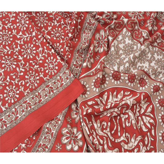 Sanskriti Vintage Sarees Indian Red Printed Moss Crepe Sari Floral Craft  Fabric