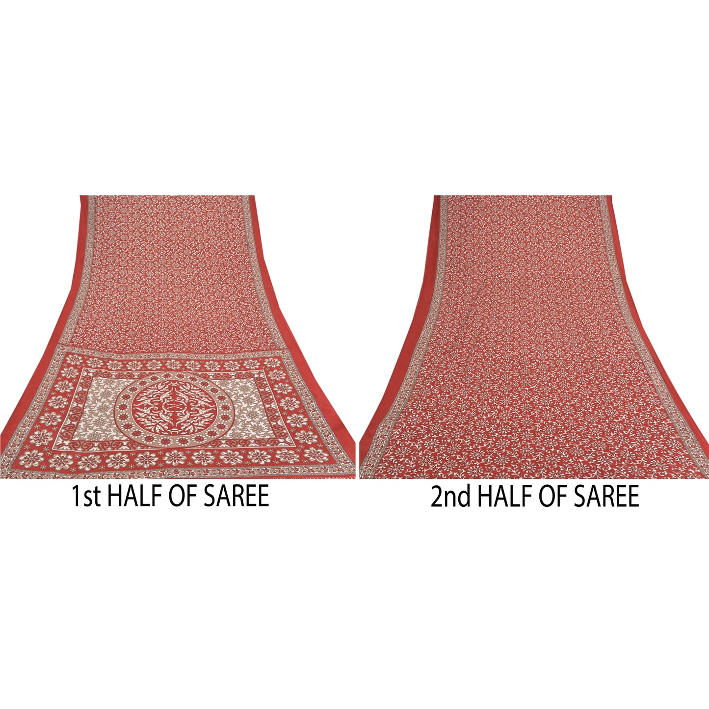 Sanskriti Vintage Sarees Indian Red Printed Moss Crepe Sari Floral Craft  Fabric