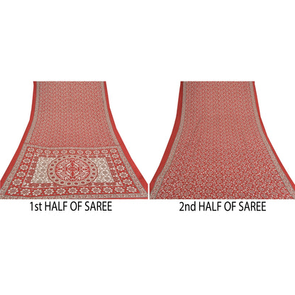 Sanskriti Vintage Sarees Indian Red Printed Moss Crepe Sari Floral Craft  Fabric