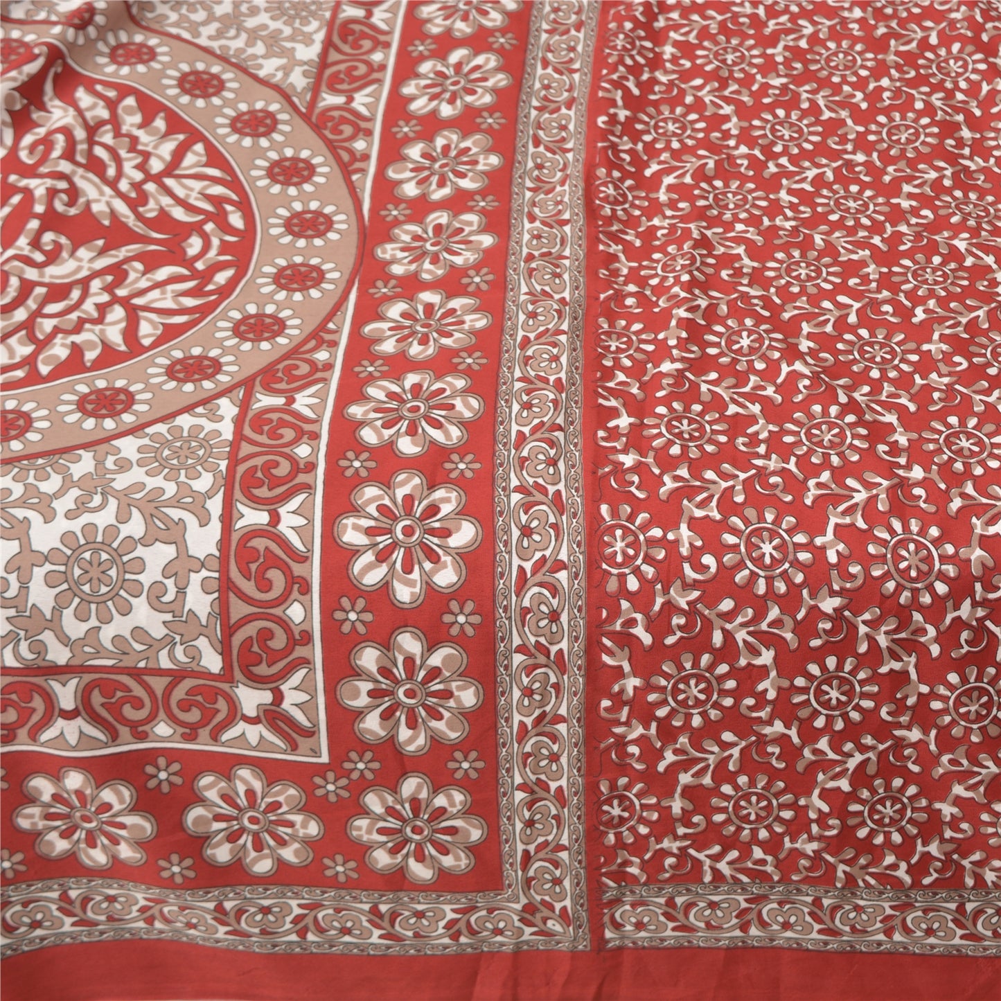 Sanskriti Vintage Sarees Indian Red Printed Moss Crepe Sari Floral Craft  Fabric
