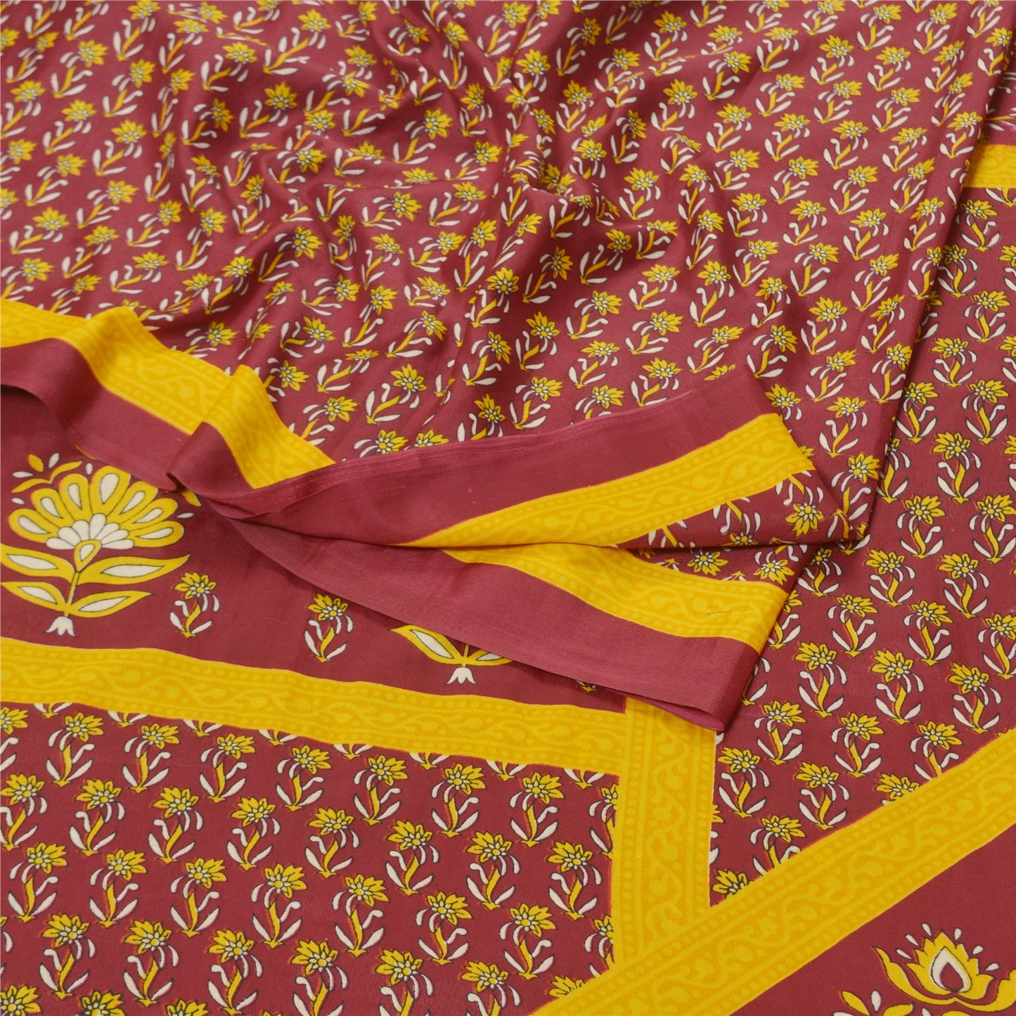 Sanskriti Vintage Dark Red Indian Sarees Moss Crepe Printed Sari Craft Fabric