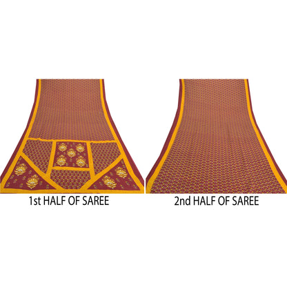 Sanskriti Vintage Dark Red Indian Sarees Moss Crepe Printed Sari Craft Fabric