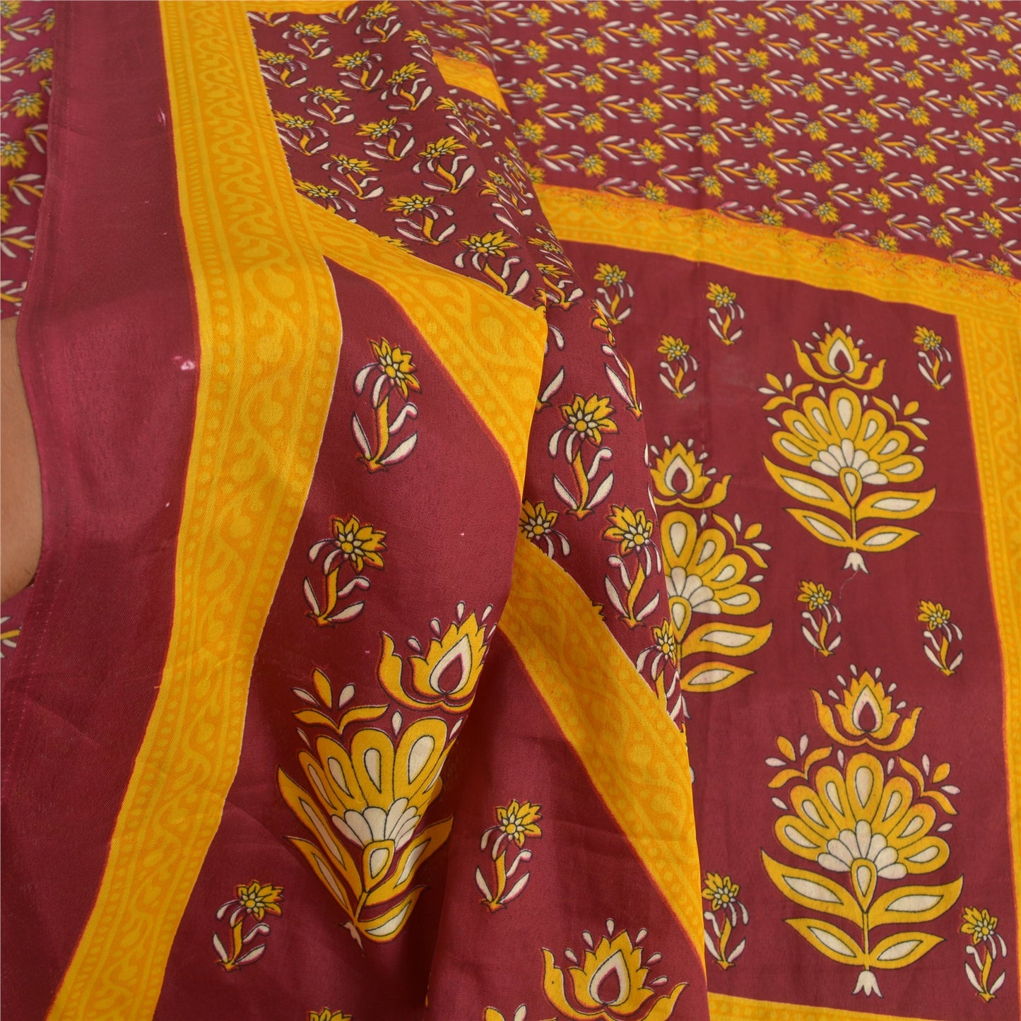 Sanskriti Vintage Dark Red Indian Sarees Moss Crepe Printed Sari Craft Fabric