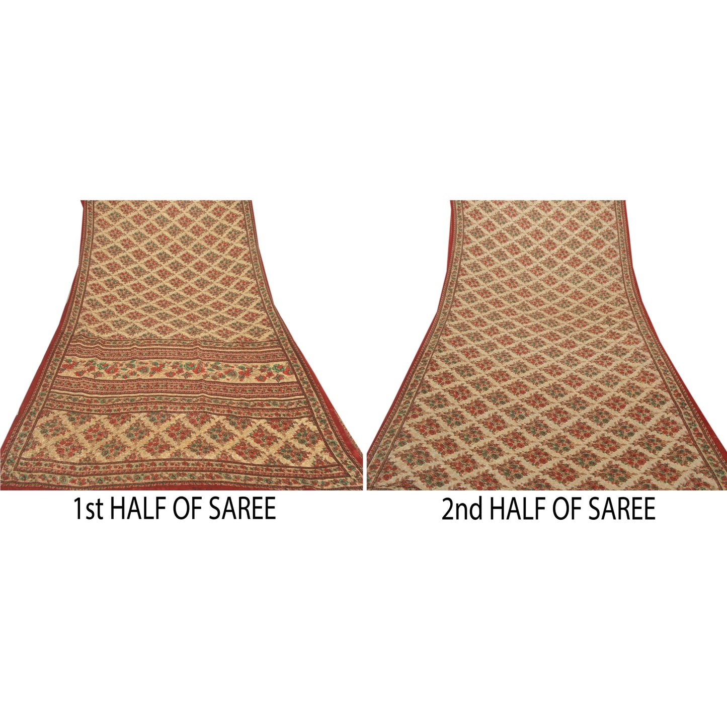 Sanskriti Vintage Cream Sarees Moss Crepe Floral Printed Sari 5 YD Craft Fabric