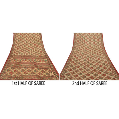 Sanskriti Vintage Cream Sarees Moss Crepe Floral Printed Sari 5 YD Craft Fabric