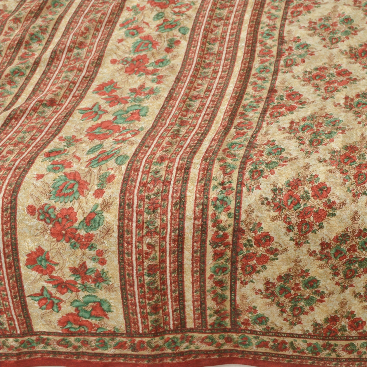 Sanskriti Vintage Cream Sarees Moss Crepe Floral Printed Sari 5 YD Craft Fabric