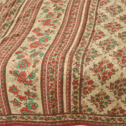 Sanskriti Vintage Cream Sarees Moss Crepe Floral Printed Sari 5 YD Craft Fabric