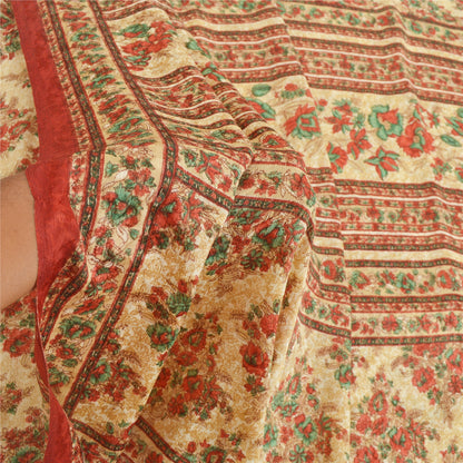 Sanskriti Vintage Cream Sarees Moss Crepe Floral Printed Sari 5 YD Craft Fabric