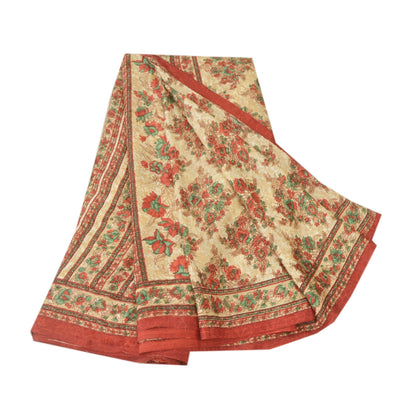 Sanskriti Vintage Cream Sarees Moss Crepe Floral Printed Sari 5 YD Craft Fabric