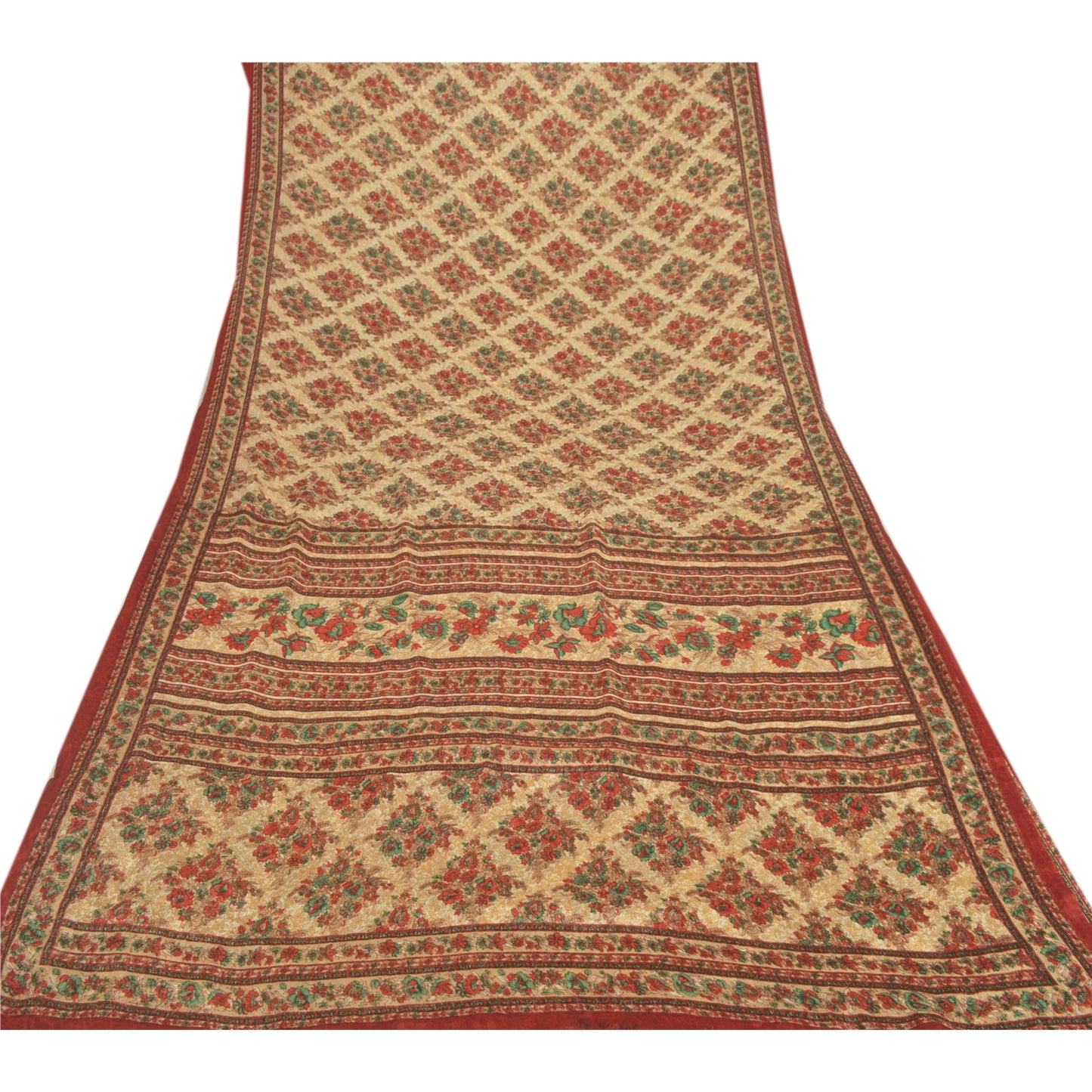 Sanskriti Vintage Cream Sarees Moss Crepe Floral Printed Sari 5 YD Craft Fabric