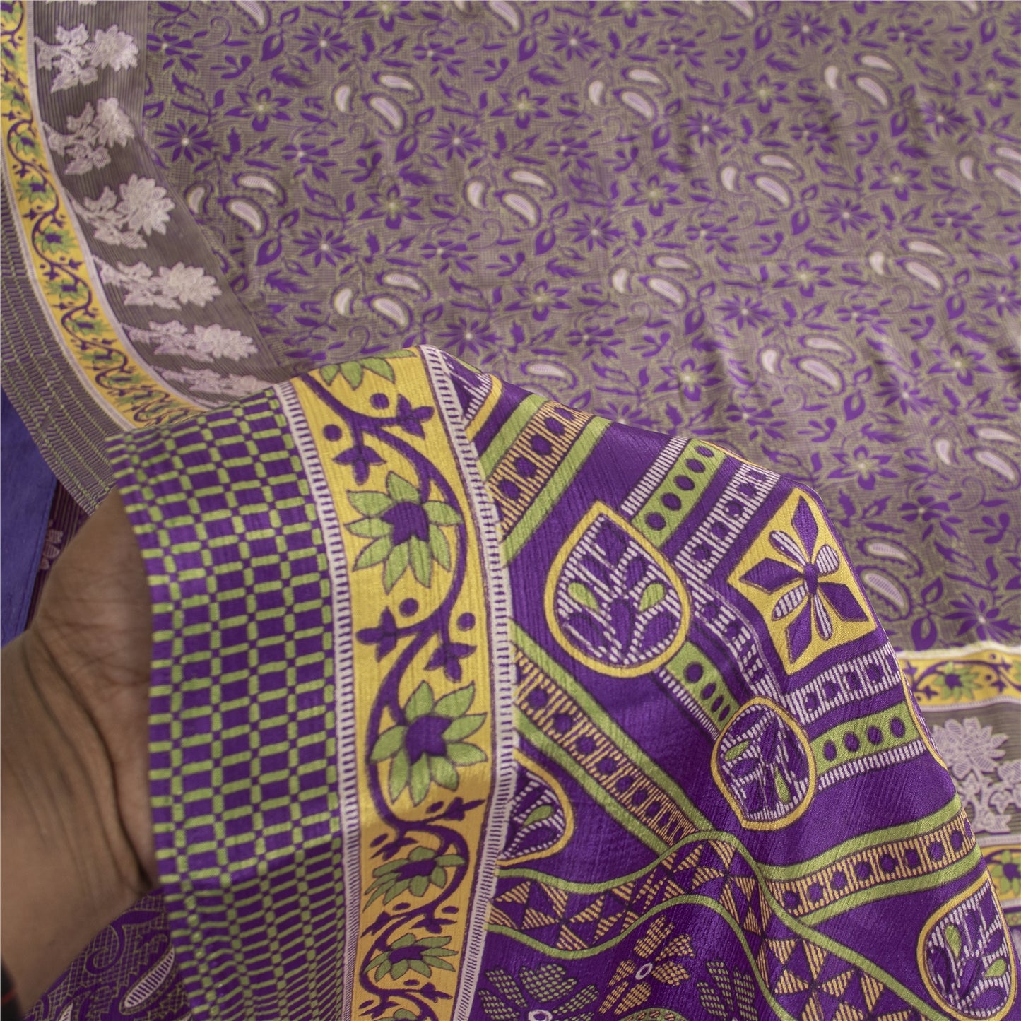 Sanskriti Vintage Indian Purple Sarees Moss Crepe Printed Sari Sewing 5YD Fabric