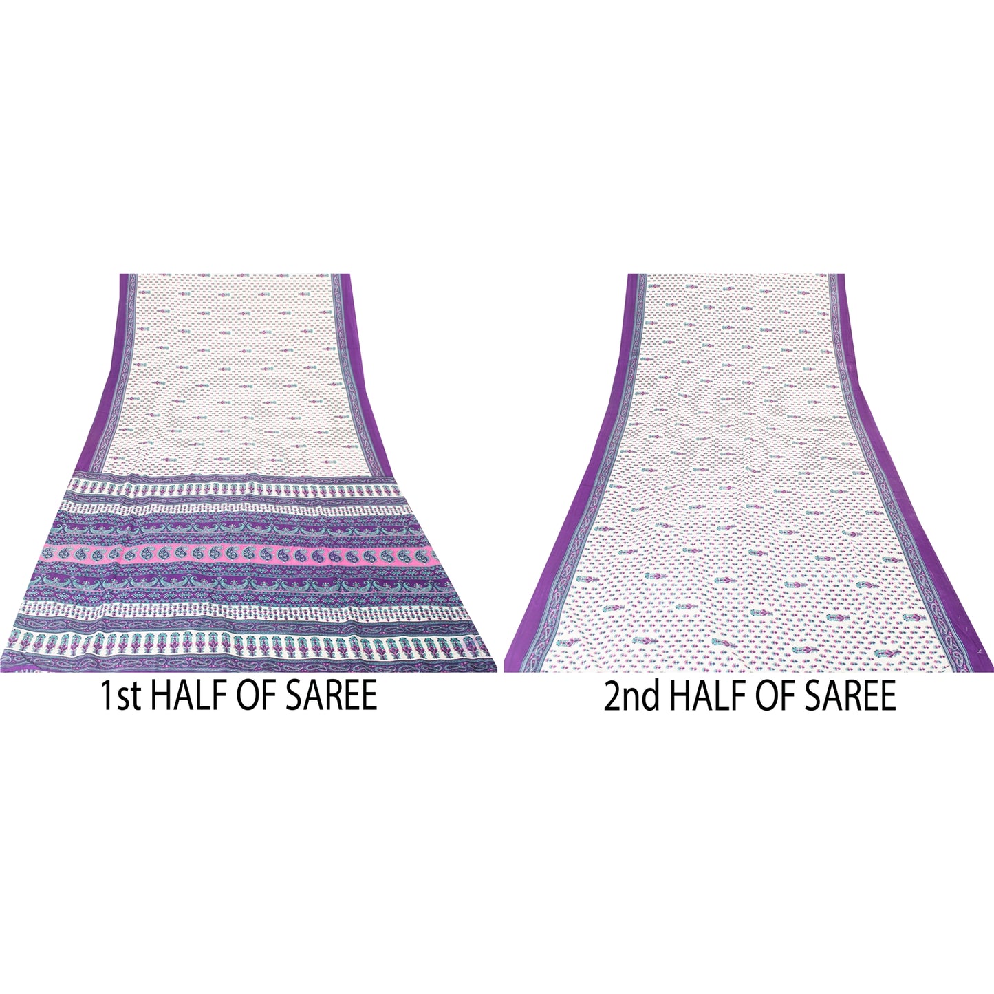 Sanskriti Vintage White Saree Moss Crepe Floral Printed Craft Fabric 5 Yard Sari