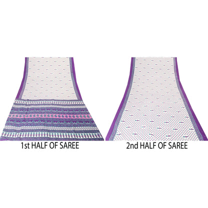 Sanskriti Vintage White Saree Moss Crepe Floral Printed Craft Fabric 5 Yard Sari