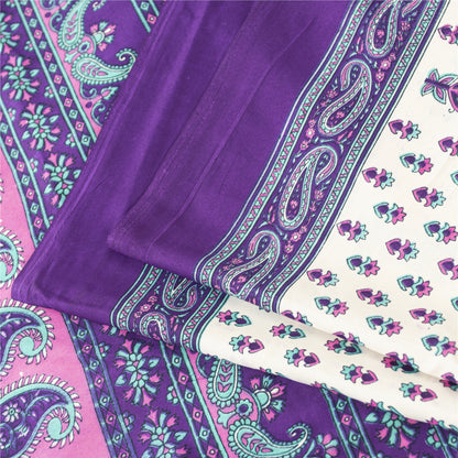 Sanskriti Vintage White Saree Moss Crepe Floral Printed Craft Fabric 5 Yard Sari