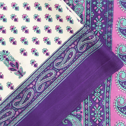 Sanskriti Vintage White Saree Moss Crepe Floral Printed Craft Fabric 5 Yard Sari